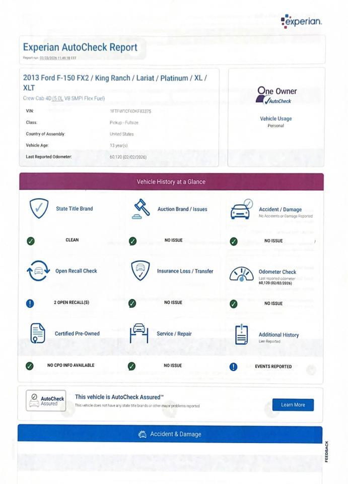 2013 Ford F-150 King Ranch LOW MILES 60,151 1 OWNER