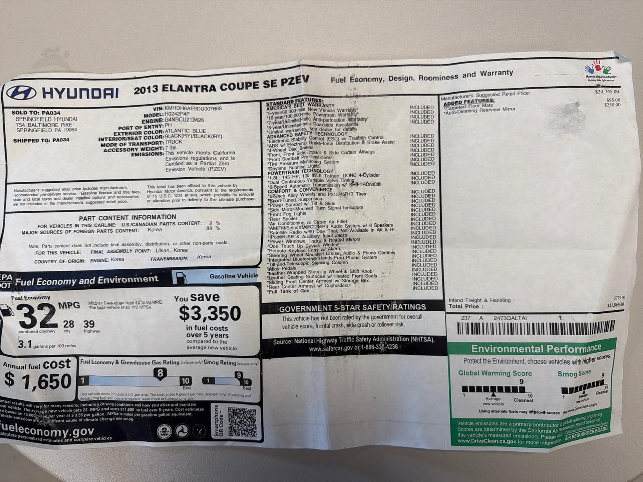 2013 Hyundai Elantra Coupe GS 1-Owner!!