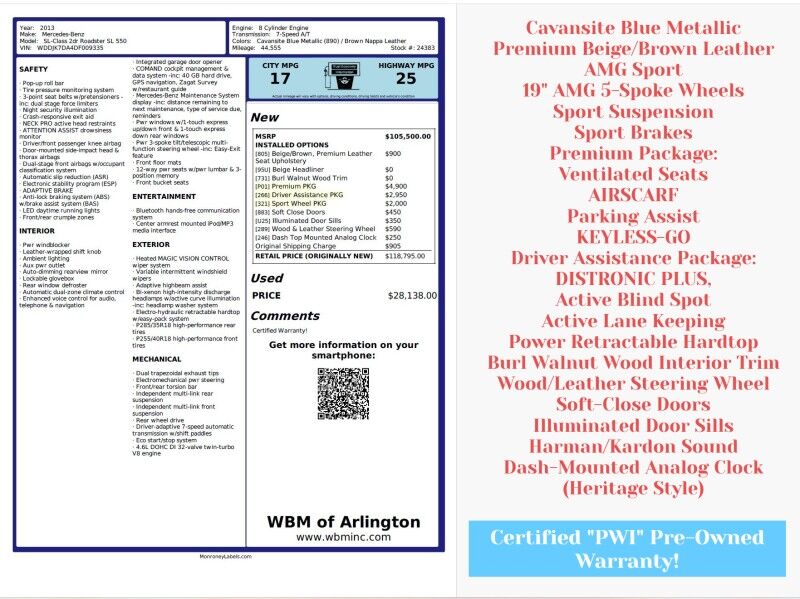 2013 Mercedes-Benz SL 550 Roadster w/ Sport and Premium Package