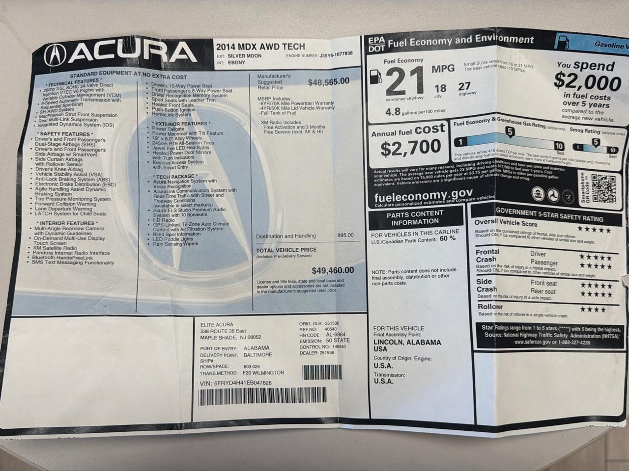 2014 Acura MDX SH-AWD Tech Pkg 1-Owner Timing Belt Serviced