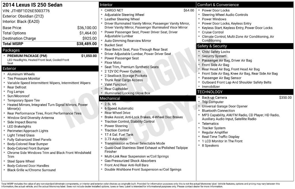 2014 Lexus IS 250 OR