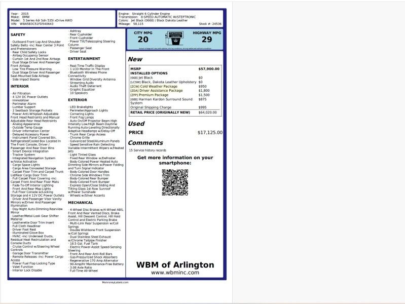 2015 BMW 5 Series 535i xDrive Sedan AWD w/ Driver Assistance Package