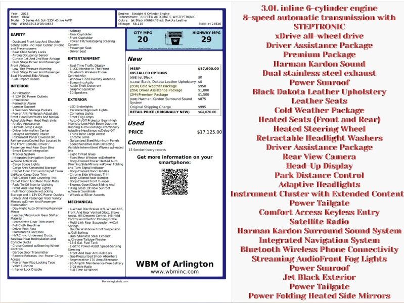 2015 BMW 5 Series 535i xDrive Sedan AWD w/ Driver Assistance Package