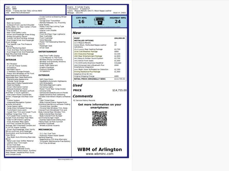 2015 BMW 7 Series 750Li xDrive AWD w/ Luxury Rear Seating Package