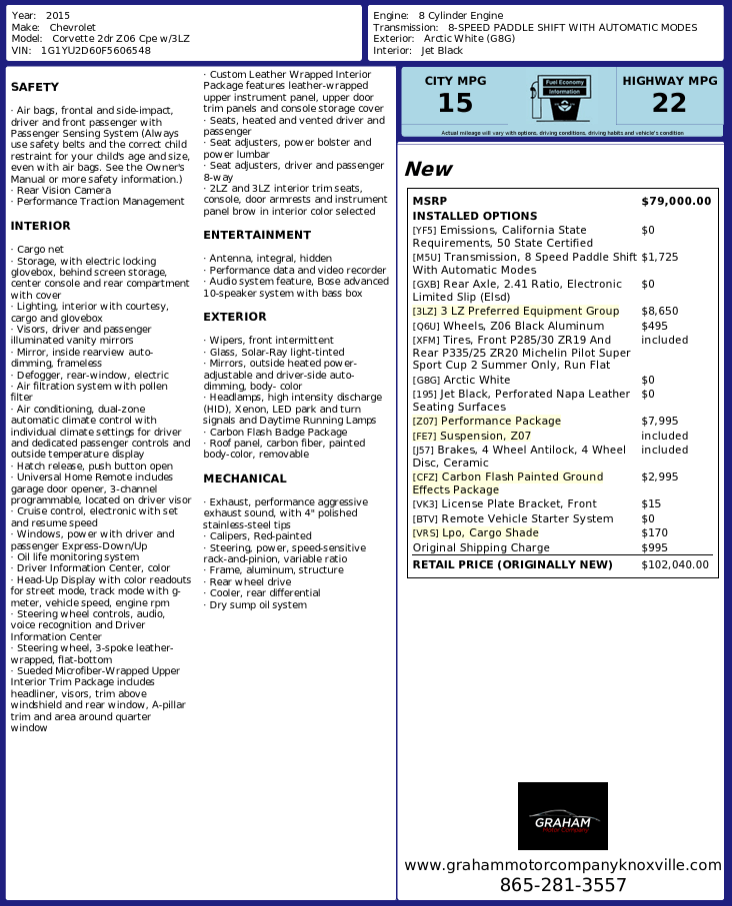 2015 Chevrolet Corvette Z06 3LZ w/Z07 Knoxville TN