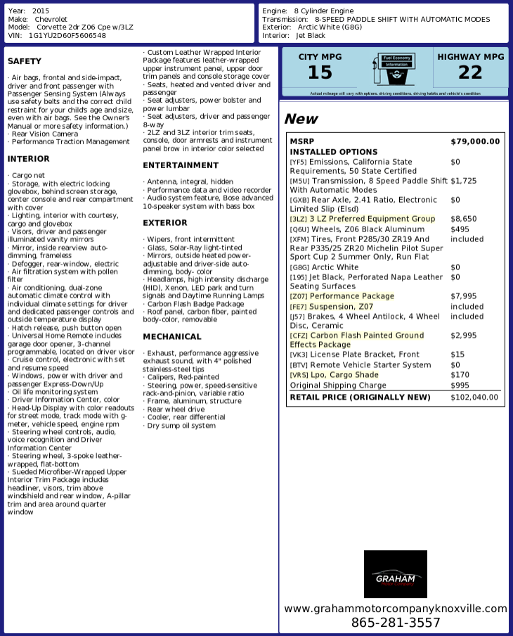 2015 Chevrolet Corvette Z06 3LZ w/Z07 Knoxville TN