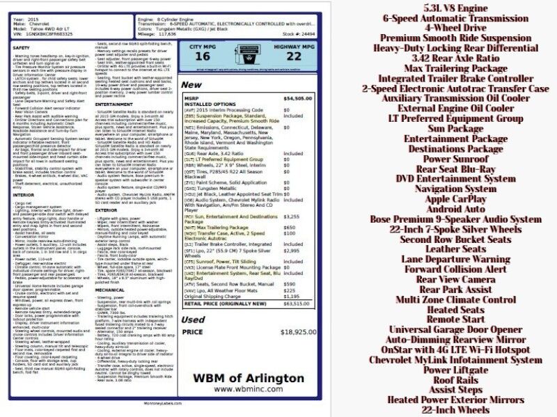 2015 Chevrolet Tahoe LT 4WD w/ Sun, Entertainment and Destinations Package