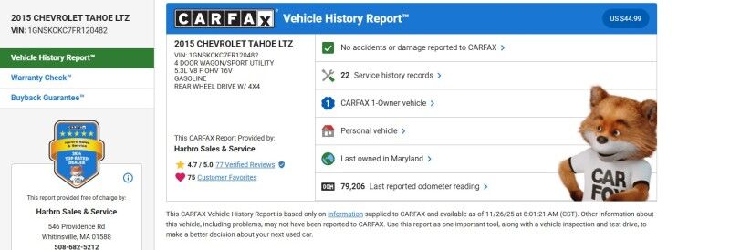 2015 Chevrolet Tahoe LTZ - 1 OWNER - ZERO RUST - WELL MAINTAINED Whitinsville MA