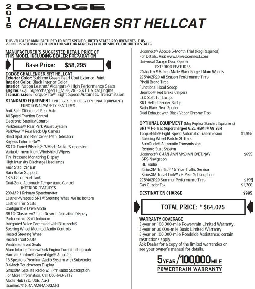 2015 Dodge Challenger SRT Hellcat / 6.2L V8 / Ventilated Seats! Lincolnton NC