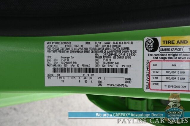 2015 Ford Fiesta SE / Automatic / AutoStart / Comfort Pkg / Heated Cloth Bucket Seats / Power Mirrors, Windows & Locks / Sunroof / Bluetooth / Keyless Entry / Air Conditioning / Alloy Wheels / Block Heater / 36 MPG / Only 58K Miles / 1-Owner Anchorage AK