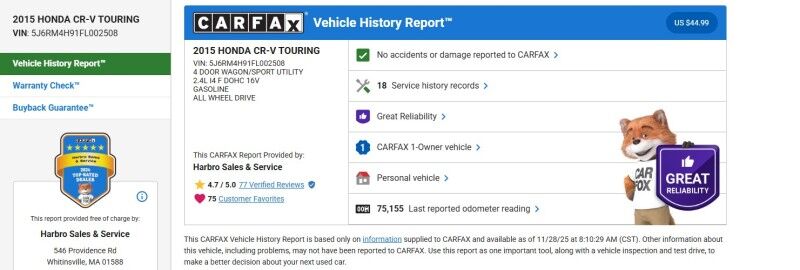 2015 Honda CR-V Touring - 1 OWNER - EXCELLENT SERVICE HISTORY Whitinsville MA
