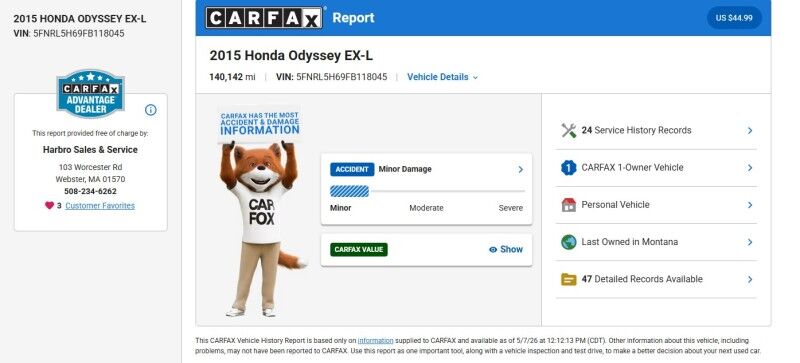 2015 Honda Odyssey EX-L - 1 OWNER - EXCELLENT SERVICE HISTORY Whitinsville MA