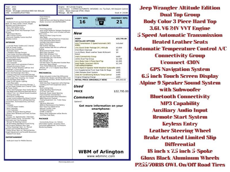 2015 Jeep Wrangler Unlimited Altitude 4WD Arlington VA