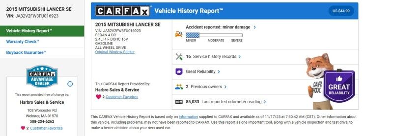 2015 Mitsubishi Lancer SE - NEW BRAKES - AWD Whitinsville MA