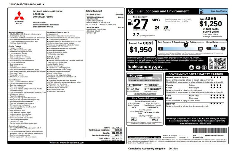 2015 Mitsubishi Outlander Sport ES - 1 OWNER - EXCELLENT SERVICE HISTORY Whitinsville MA
