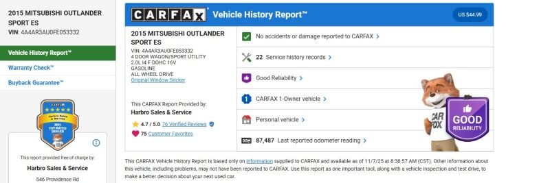 2015 Mitsubishi Outlander Sport ES - 1 OWNER - EXCELLENT SERVICE HISTORY Whitinsville MA