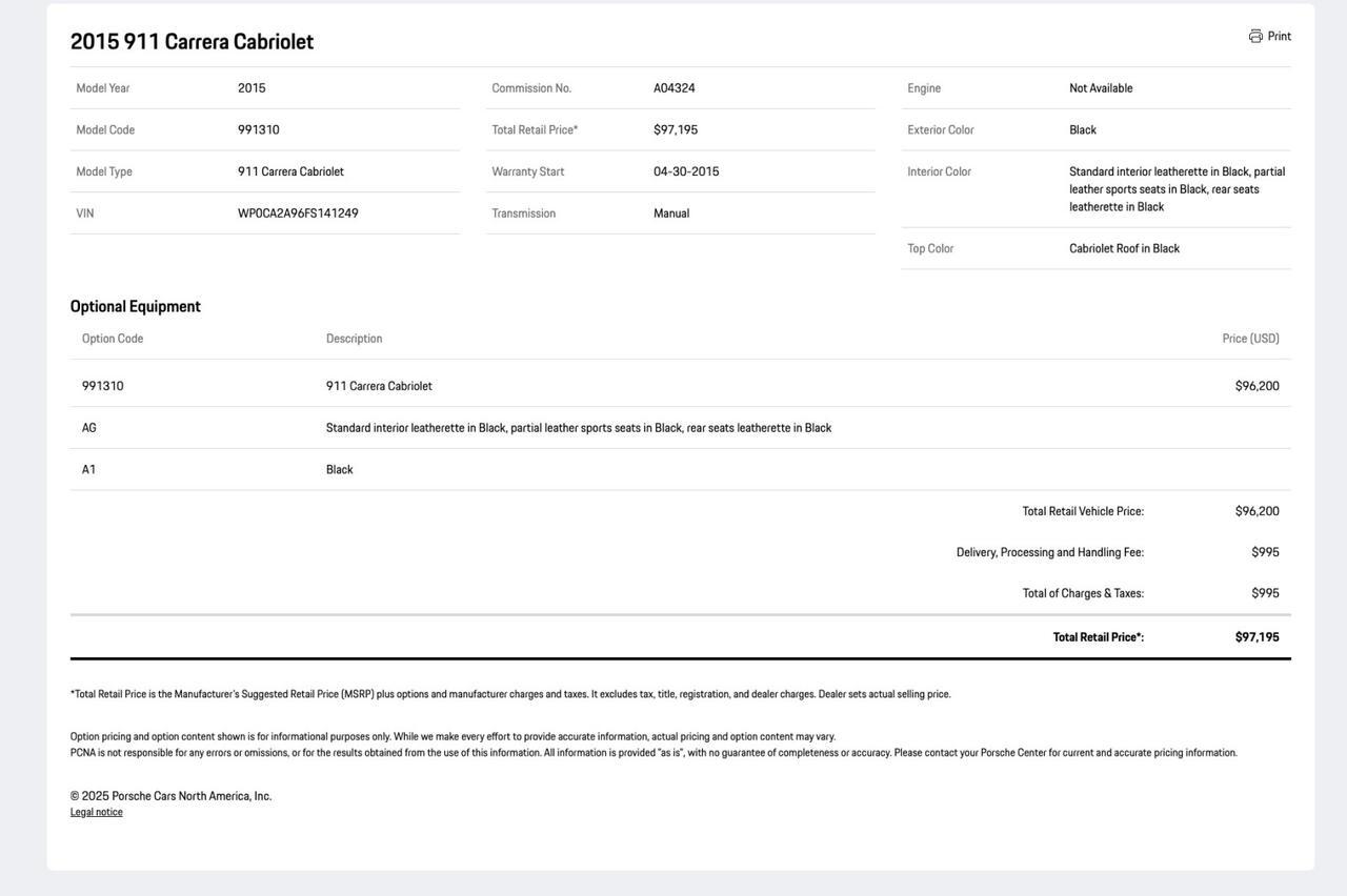 2015 Porsche 911 Carrera Cabriolet Pompano Beach FL