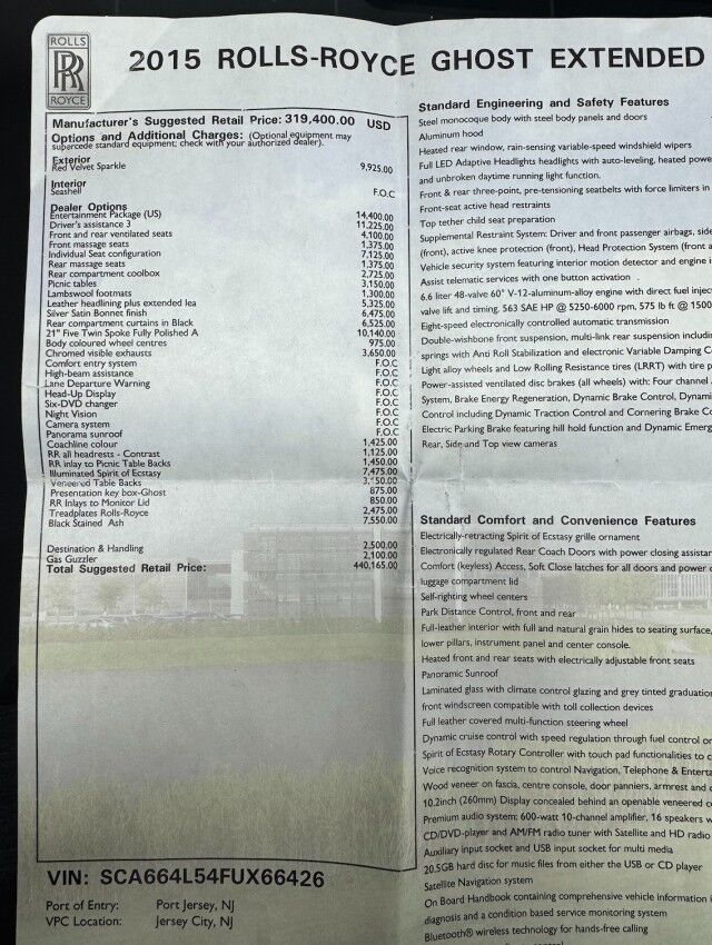 2015 Rolls-Royce Ghost EWB ($440,165 MSRP!!) *EXTENDED WHEEL BASE* *ONLY 5300 MILES* *1-OWNER* *$116,000 IN OPTIONS!* *CURTAINS* San Diego CA