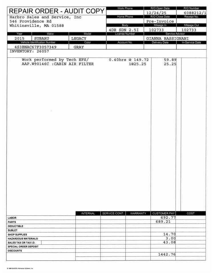 2015 Subaru Legacy 2.5i Premium Whitinsville MA