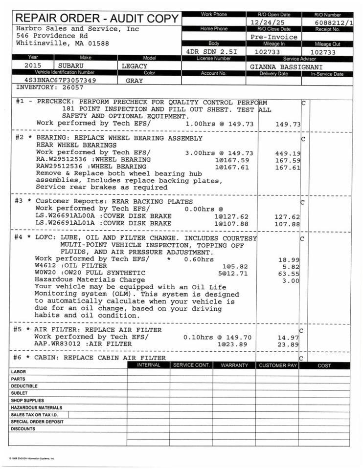 2015 Subaru Legacy 2.5i Premium Whitinsville MA