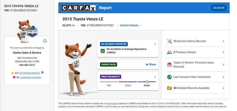 2015 Toyota Venza LE - LOW MILES - VERY CLEAN UNDERNEATH Whitinsville MA
