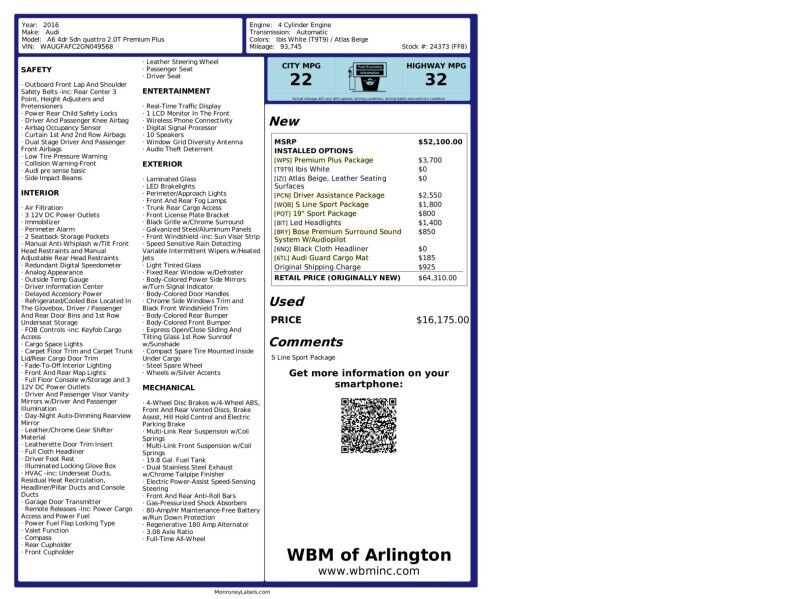 2016 Audi A6 2.0T quattro Premium Plus Sedan AWD