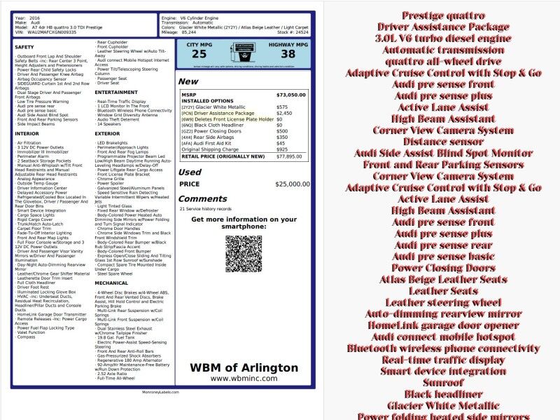 2016 Audi A7 3.0 TDI quattro Prestige AWD w/ Driver Assistance Package