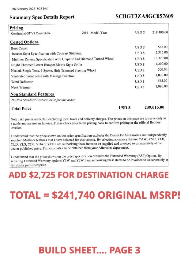 2016 Bentley Continental GTC V8 Convertible ($241,740 MSRP) *MULLINER* *ONLY 11,000 MILES* San Diego CA
