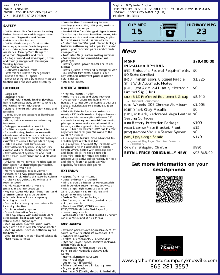 2016 Chevrolet Corvette Z06 3LZ Knoxville TN
