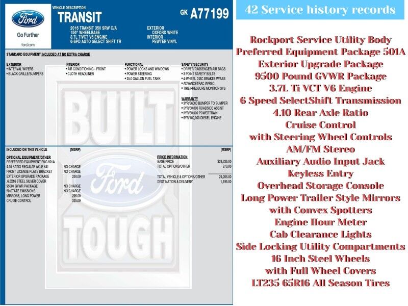 2016 Ford Transit Chassis 350 HD 9950 GVWR 156 with Rockport Service Body