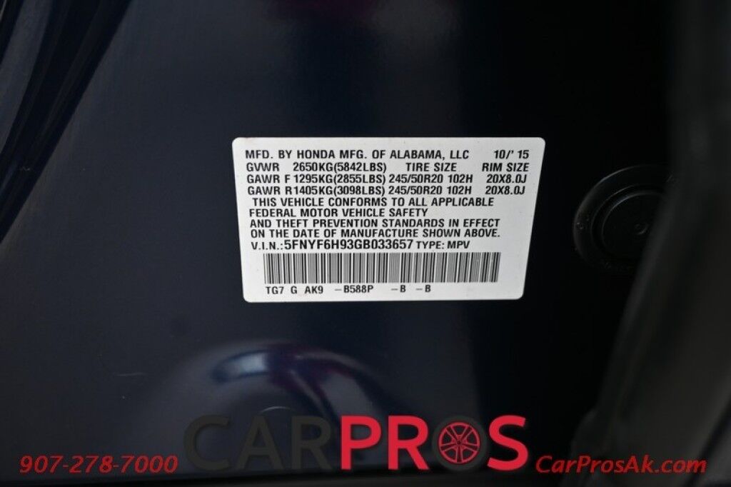 2016 Honda Pilot Touring - AWD - AutoStart - Power & Heated Leather Seats - Sunroof - Navigation - Sunroof - Lane Departure & Adaptive Cruise - Rear Entertainment - Back up Camera - Power Liftgate - 3rd Row - Seats 8 - Keyless Entry & Start - 26 MPG Anchorage AK
