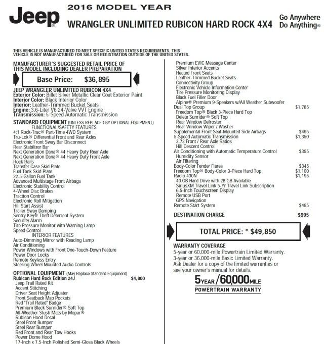 2016 Jeep Wrangler Unlimited Rubicon Hard Rock 4X4 / Steel Bumpers / Leather Seats! High Point NC
