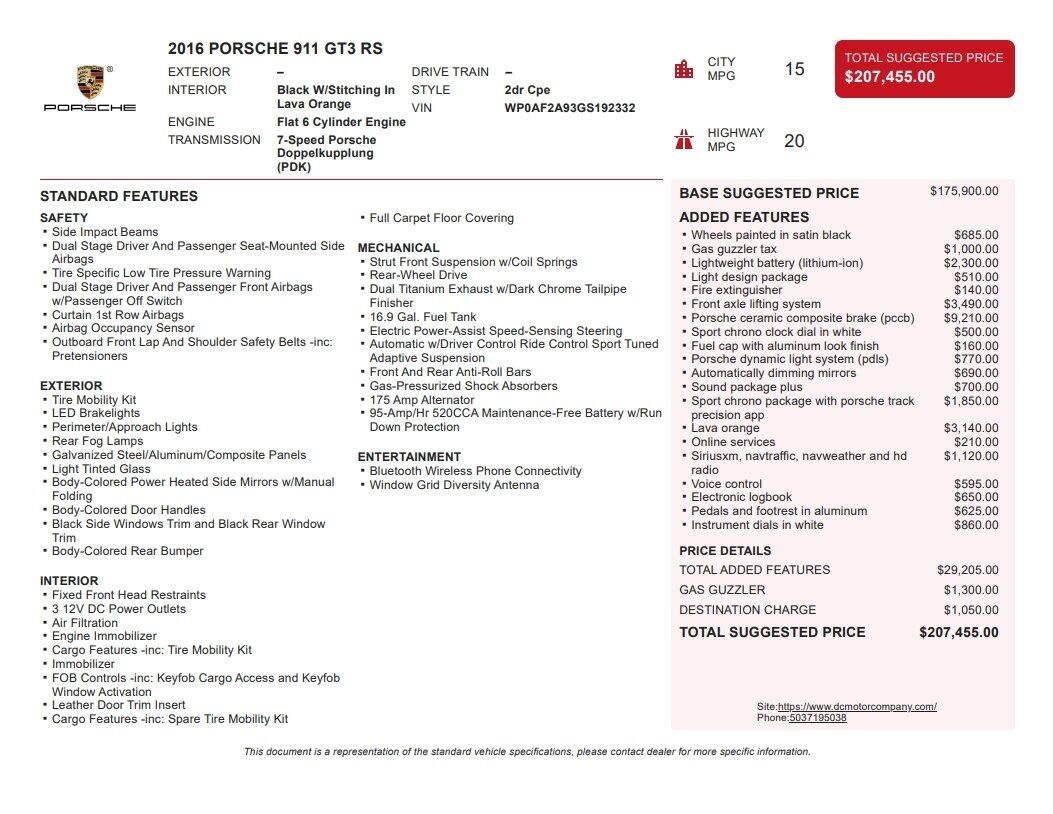 2016 Porsche 911 GT3 RS Front Lift PCCB Sport Chrono Portland OR