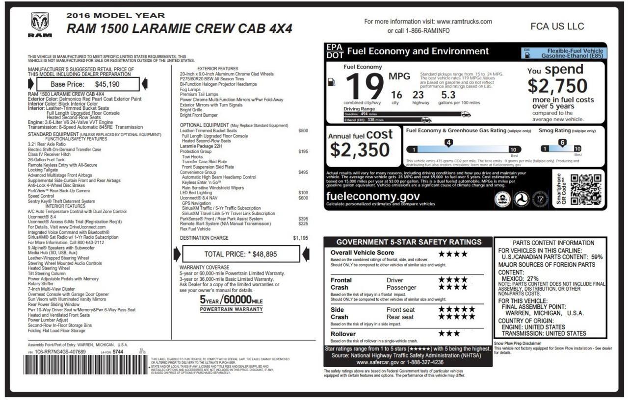 2016 Ram 1500 Crew Cab 4WD Laramie