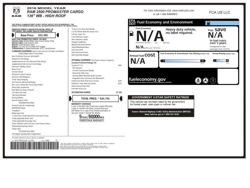 2016 Ram ProMaster 2500 136 High Roof Cargo Van Arlington VA