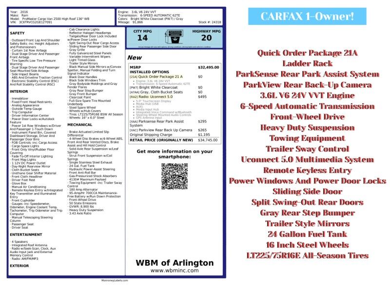 2016 Ram ProMaster 2500 136 High Roof Cargo Van FWD Arlington VA