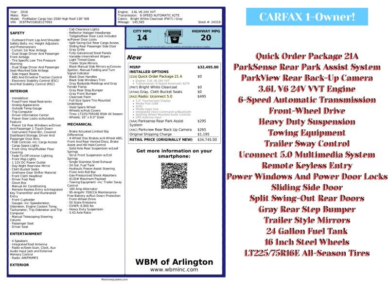 2016 Ram ProMaster 2500 136 High Roof Cargo Van FWD Arlington VA