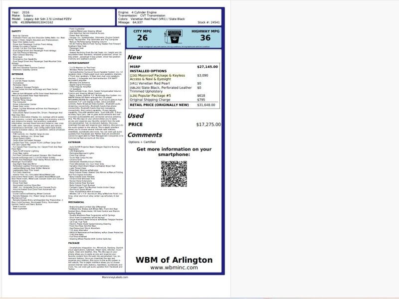 2016 Subaru Legacy 2.5i Limited AWD w/ Moonroof Package & Keyless Access & Navi & Eyesight Arlington VA