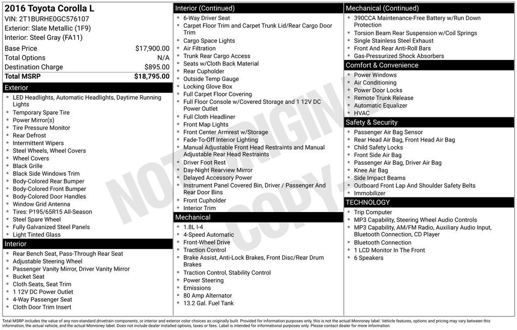 2016 Toyota Corolla LE OR