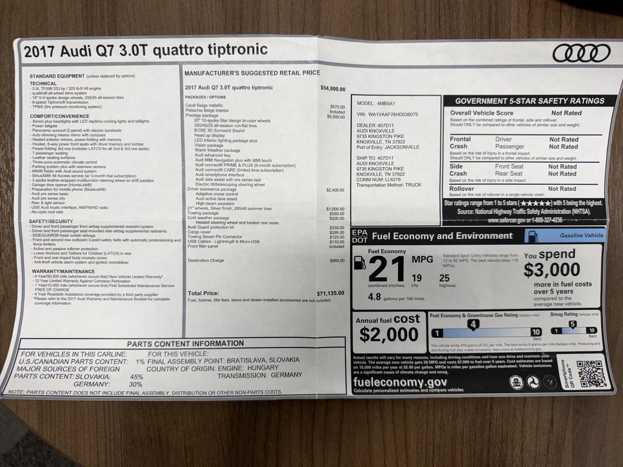 2017 Audi Q7 Prestige Knoxville TN