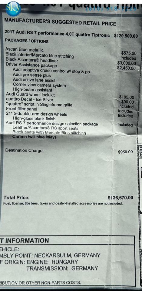 2017 Audi RS 7 Quattro AWD performance Prestige