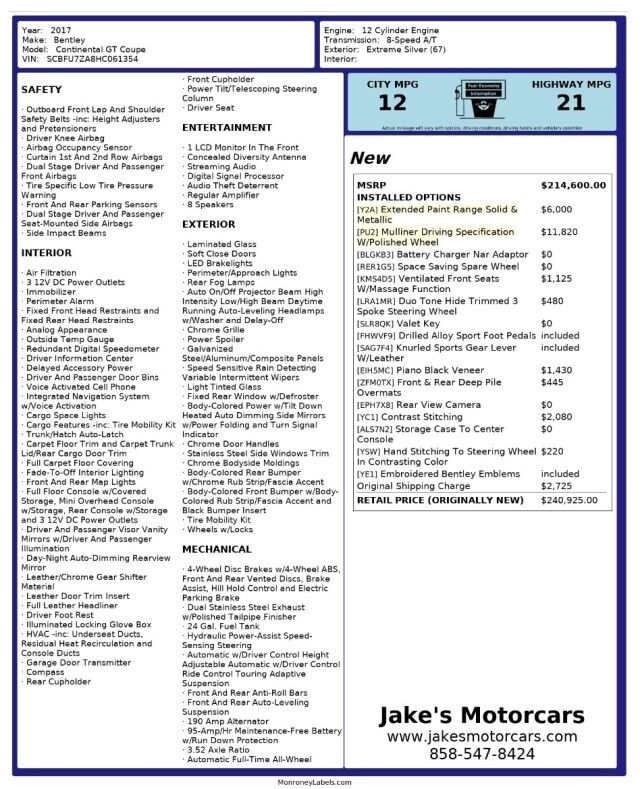 2017 Bentley Continental GT W12 ($240,925 MSRP) *MULLINER DRIVING SPEC* *ONLY 11,000 MILES* *EXTREME SILVER ON LINEN* San Diego CA