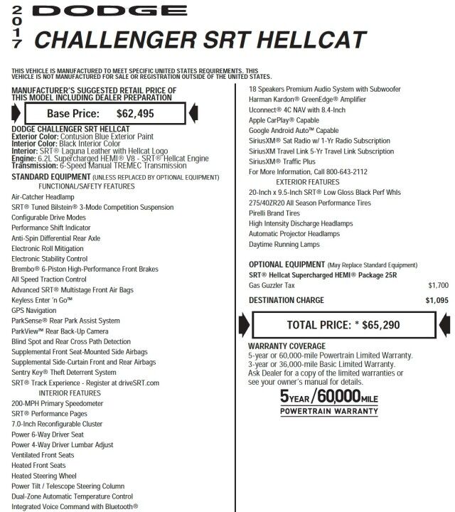 2017 Dodge Challenger SRT Hellcat / Manual / 6.2L V8 / Cooled Seats! High Point NC