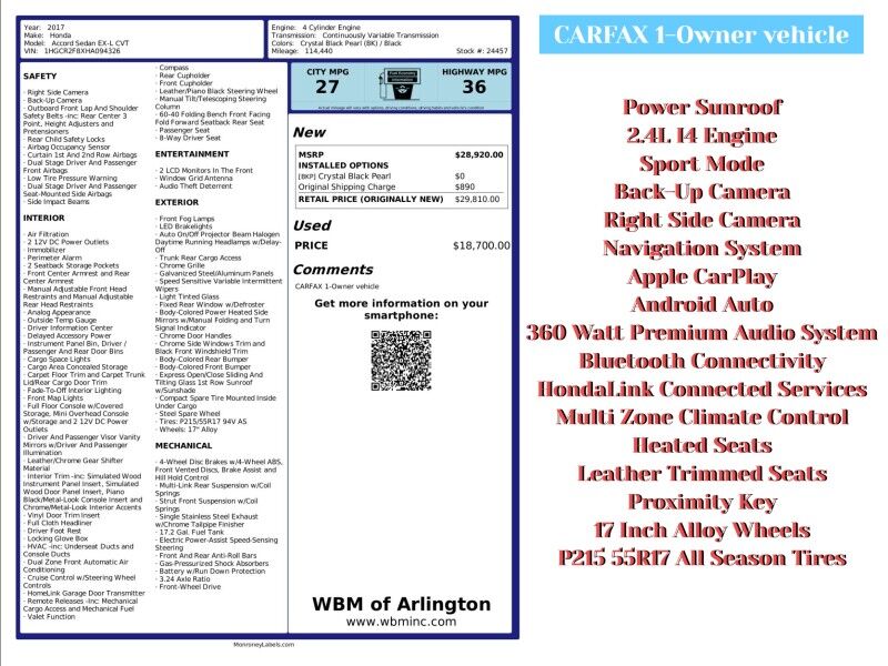 2017 Honda Accord EX-L FWD Arlington VA