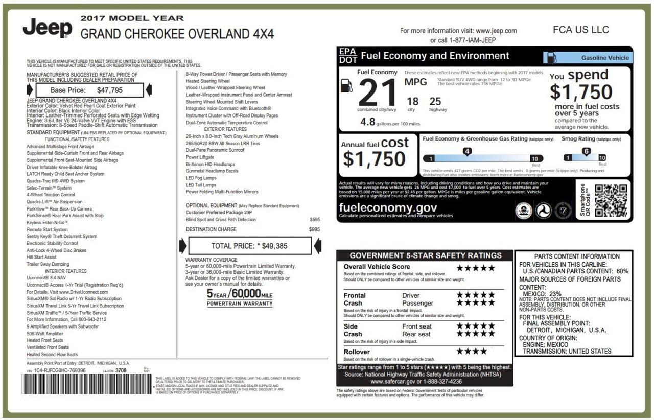 2017 Jeep Grand Cherokee 4WD Overland 1-Owner