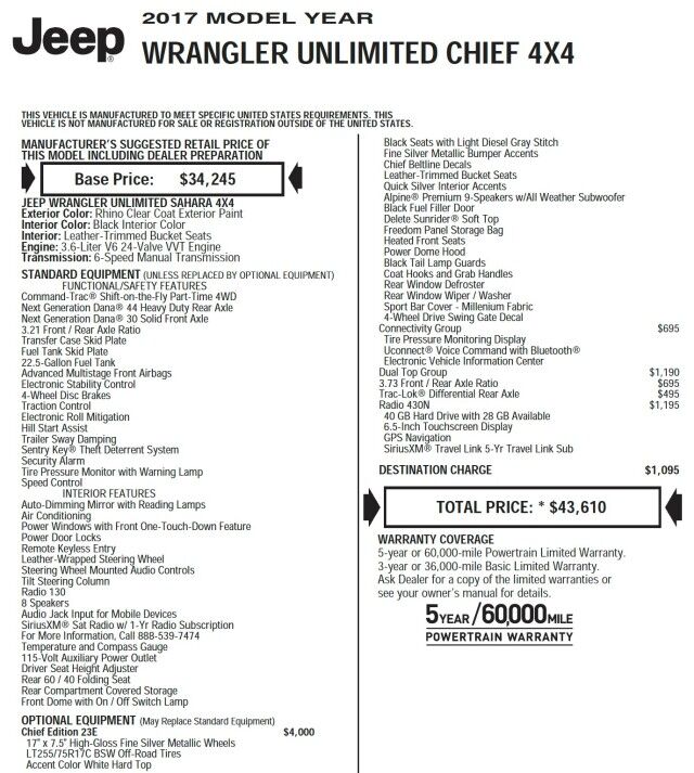 2017 Jeep Wrangler Unlimited Chief Edition 4X4 / MAJOR UPGRADES / Leather Seats! High Point NC