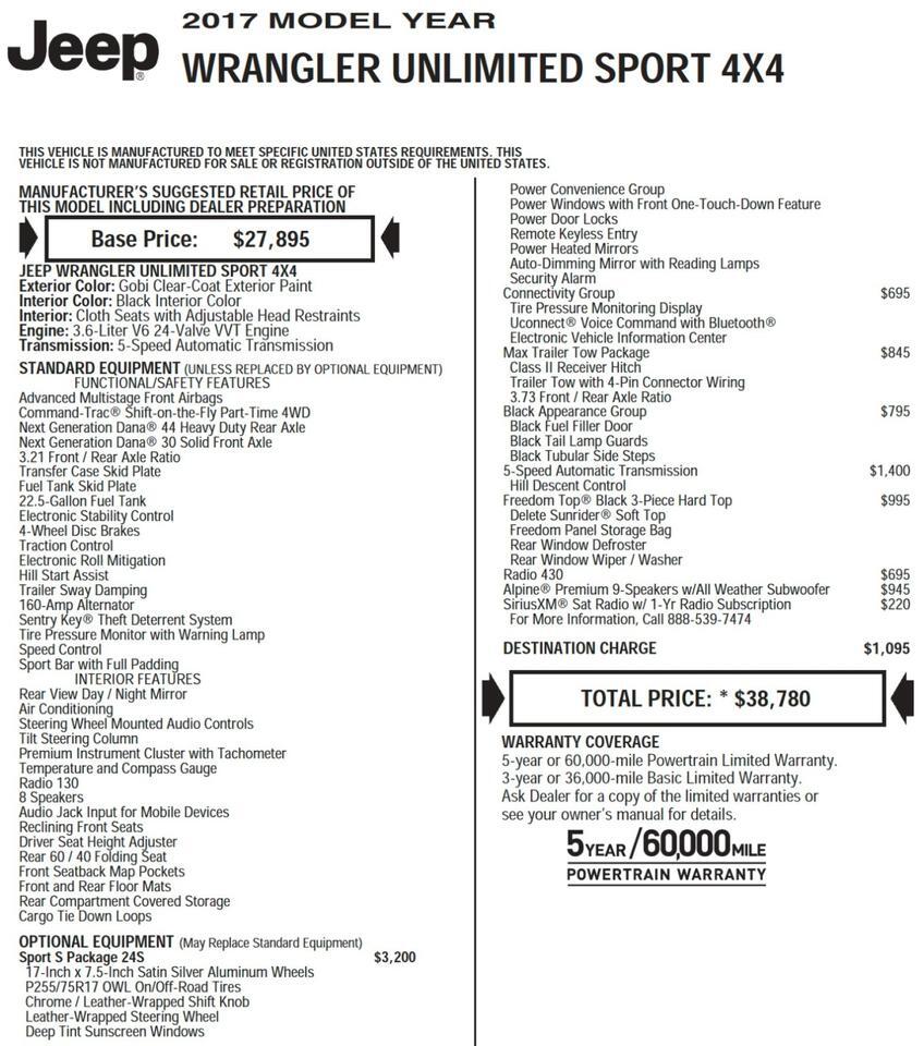 2017 Jeep Wrangler Unlimited Sport 4X4 / Wheels & Tires Upgrade / Alpine Audio! Lincolnton NC