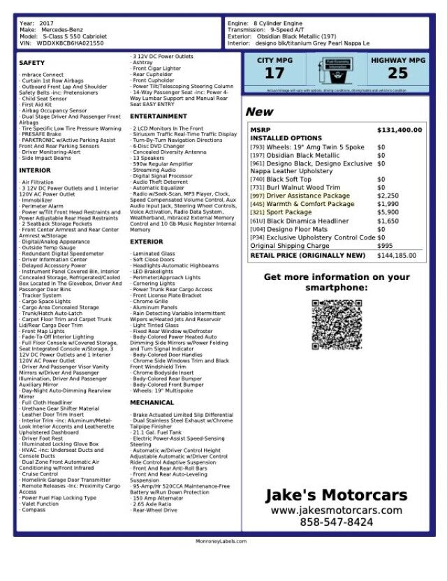 2017 Mercedes-Benz S-Class S 550 Cabriolet ($144,185 MSRP) *ONLY 27,000 MILES* *LOADED* *IMMACULATE* San Diego CA