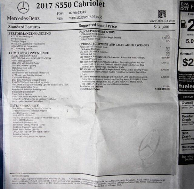 2017 Mercedes-Benz S-Class S 550 DESIGNO Cabriolet ($148,310 MSRP) *ONLY 27,000 MILES* *LOADED* *IMMACULATE* San Diego CA