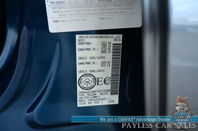 2017 Nissan Titan PRO-4X / 4X4 / 5.6L V8 / Crew Cab / Power & Heated Leather Seats / Rockford Fosgate Speakers / NAV / Blind Spot / Bluetooth / Back Up Camera / Keyless Entry & Start / Tonneau Cover / Bed Liner / Tow Pkg Anchorage AK